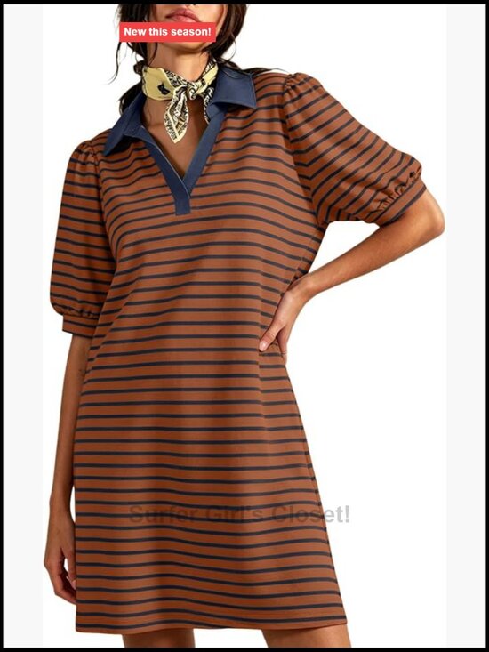 Dresses & Skirts - Striped V Neck Puff Short Sleeve A-Line Dress with Pockets